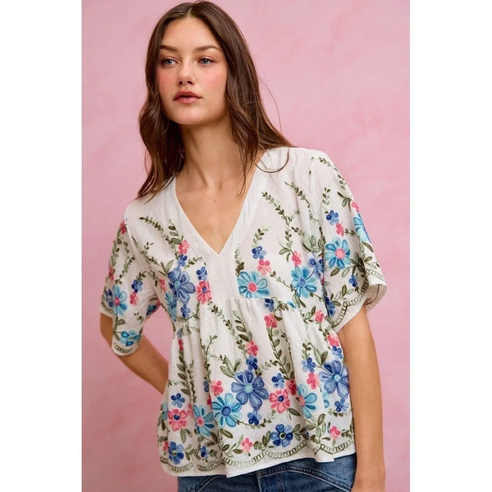 SO ME Floral Embroidered Baby Doll Blouse Top - Medium - Picture 1 of 5